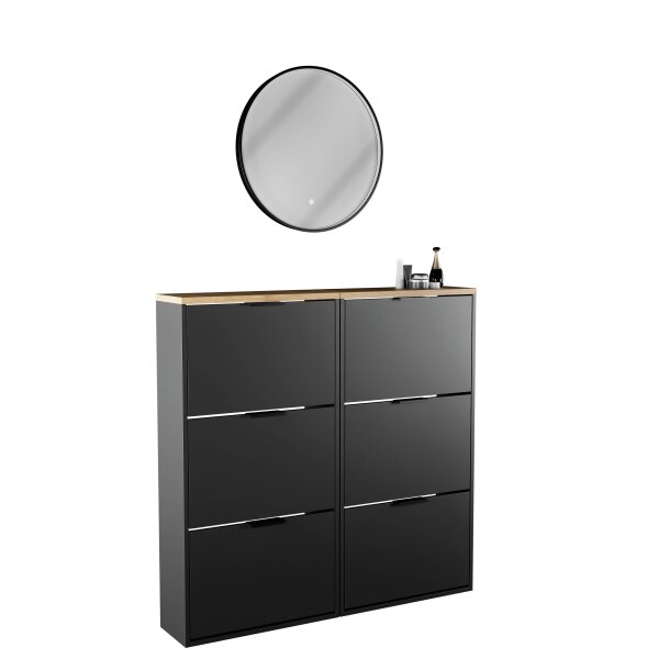 Schuhschrank STIVIO 2x 3 Klappe Schwarz 60 cm, LED Spiegel rund mit Rahmen 60 cm (3 Lichtstufen)