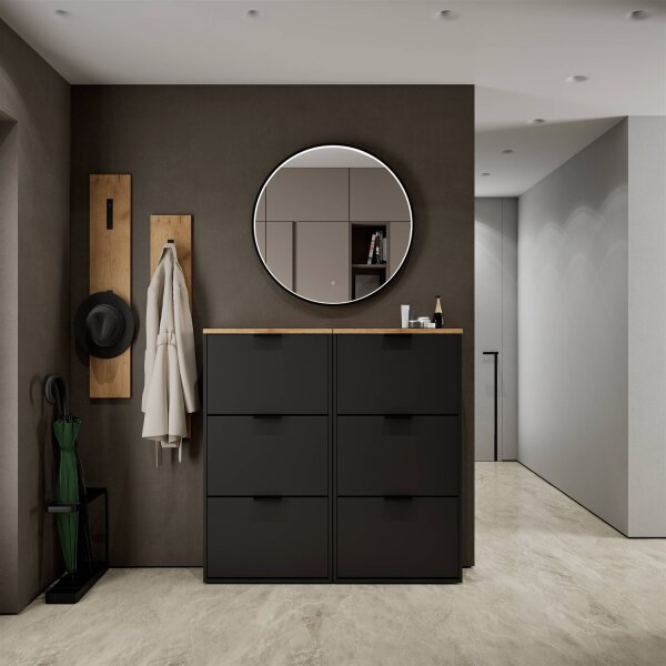Schuhschrank STIVIO 2x 3 Klappe Schwarz 60 cm, LED Spiegel rund mit Rahmen 80 cm (3 Lichtstufen)