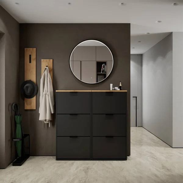 Meuble à chaussures STIVIO 2x 3 portes, noir, 60 cm, miroir rond à LED avec cadre, 80 cm (3 intensités déclairage)