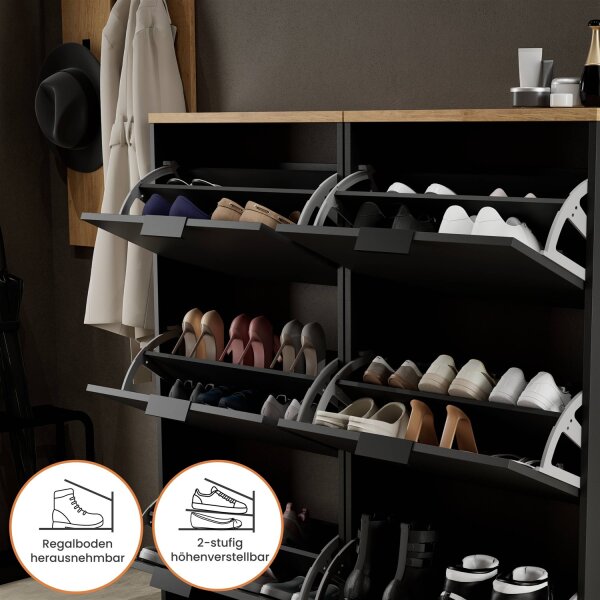 Schuhschrank STIVIO 2x 3 Klappe Schwarz 60 cm, LED Spiegel rund mit Rahmen 80 cm (3 Lichtstufen)