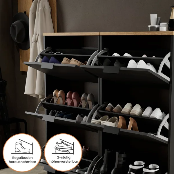 Meuble à chaussures STIVIO 2x 3 portes, noir, 60 cm, miroir rond à LED avec cadre, 80 cm (3 intensités déclairage)