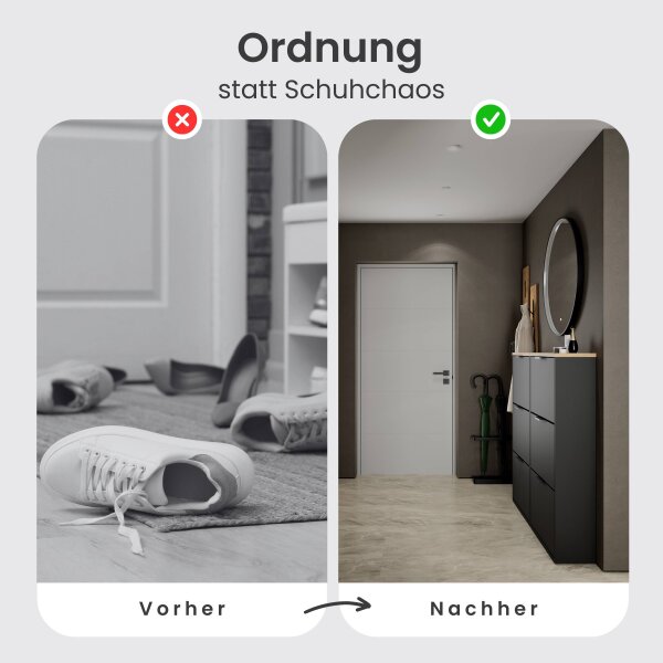 Schuhschrank STIVIO 2x 3 Klappe Schwarz 60 cm, LED Spiegel rund mit Rahmen 80 cm (3 Lichtstufen)