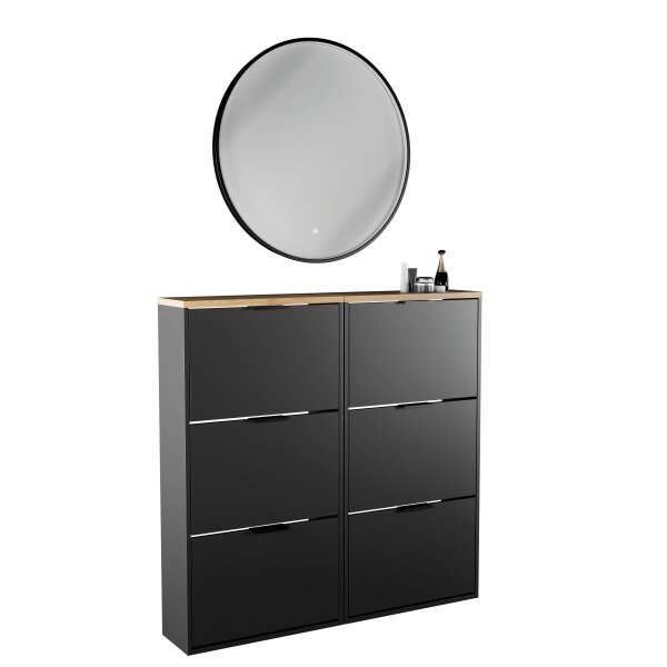 Schuhschrank STIVIO 2x 3 Klappe Schwarz 60 cm, LED Spiegel rund mit Rahmen 80 cm (3 Lichtstufen)