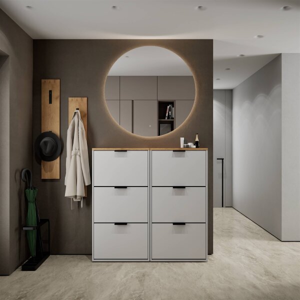 Schuhschrank STIVIO 2x 3 Klappe Weiß Grau 60 cm, LED Spiegel rund ohne Rahmen 100 cm (2 Lichtstufen)