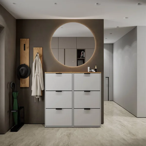 Meuble à chaussures STIVIO 2 x 3 portes battantes blanc-gris 60 cm, miroir rond sans cadre à LED 100 cm (2 intensités déclairage)