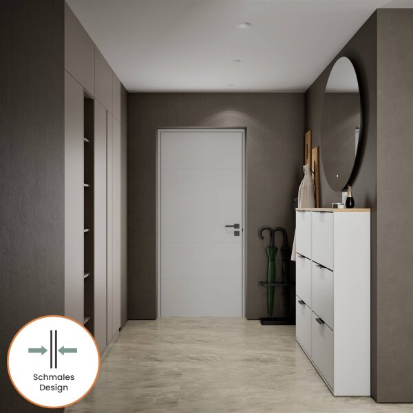 Schuhschrank STIVIO 2x 3 Klappe Weiß Grau 60 cm, LED Spiegel rund ohne Rahmen 100 cm (2 Lichtstufen)