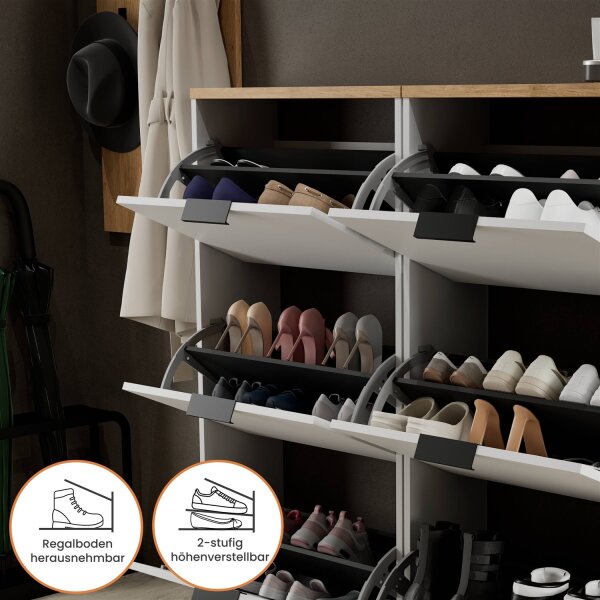 Schuhschrank STIVIO 2x 3 Klappe Weiß Grau 60 cm, LED Spiegel rund ohne Rahmen 100 cm (2 Lichtstufen)