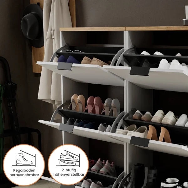 Meuble à chaussures STIVIO 2 x 3 portes battantes blanc-gris 60 cm, miroir rond sans cadre à LED 100 cm (2 intensités déclairage)