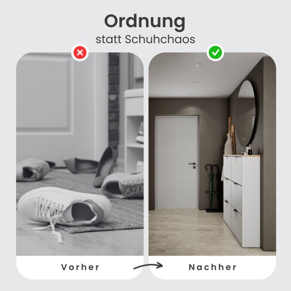 Schuhschrank STIVIO 2x 3 Klappe Weiß Grau 60 cm, LED Spiegel rund ohne Rahmen 100 cm (2 Lichtstufen)