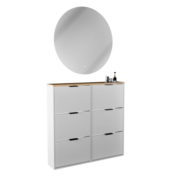 Schuhschrank STIVIO 2x 3 Klappe Weiß Grau 60 cm, LED Spiegel rund ohne Rahmen 100 cm (2 Lichtstufen)