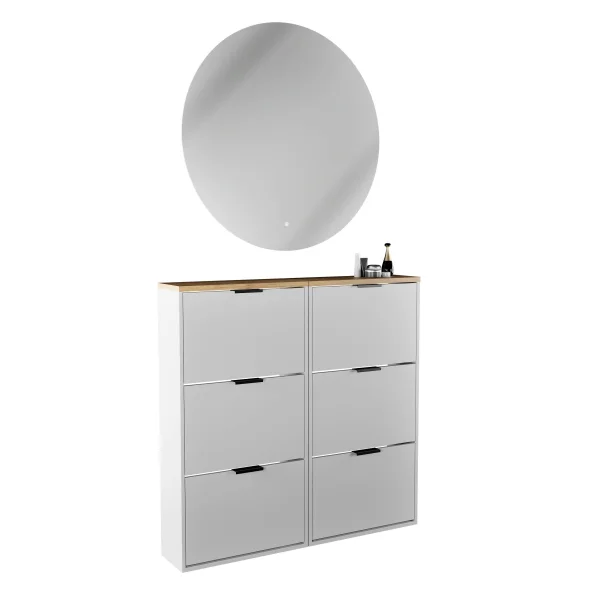 Meuble à chaussures STIVIO 2 x 3 portes battantes blanc-gris 60 cm, miroir rond sans cadre à LED 100 cm (2 intensités déclairage)
