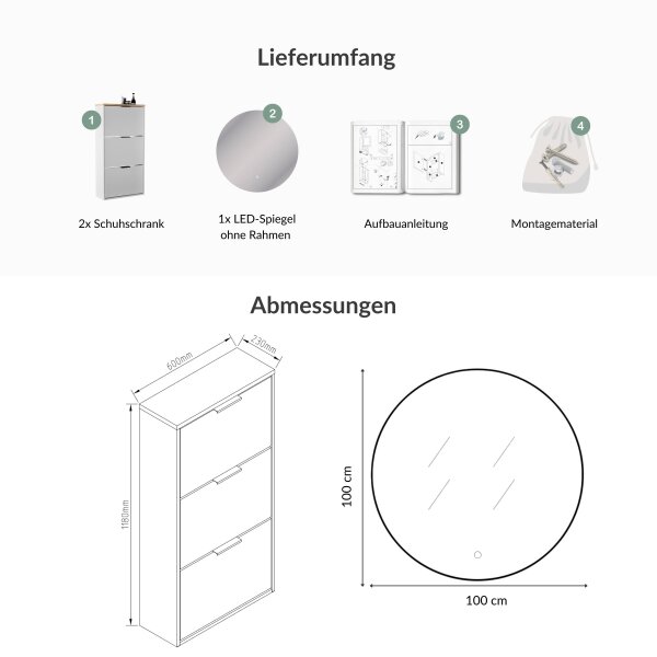Schuhschrank STIVIO 2x 3 Klappe Weiß Grau 60 cm, LED Spiegel rund ohne Rahmen 100 cm (2 Lichtstufen)