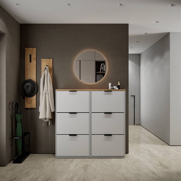 Schuhschrank STIVIO 2x 3 Klappe Weiß Grau 60 cm, LED Spiegel rund ohne Rahmen 60 cm (2 Lichtstufen)