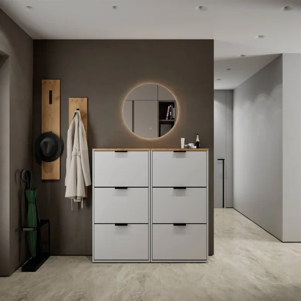 Meuble à chaussures STIVIO 2x 3 portes battantes blanc-gris 60 cm, miroir rond LED sans cadre 60 cm (2 intensités déclairage)