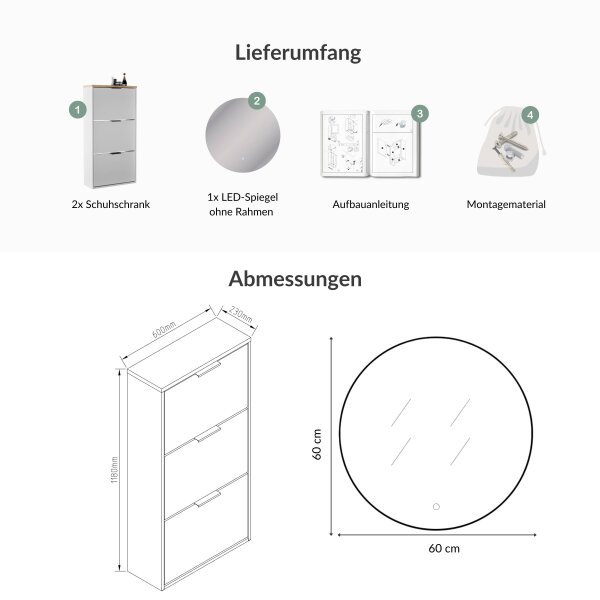 Schuhschrank STIVIO 2x 3 Klappe Weiß Grau 60 cm, LED Spiegel rund ohne Rahmen 60 cm (2 Lichtstufen)