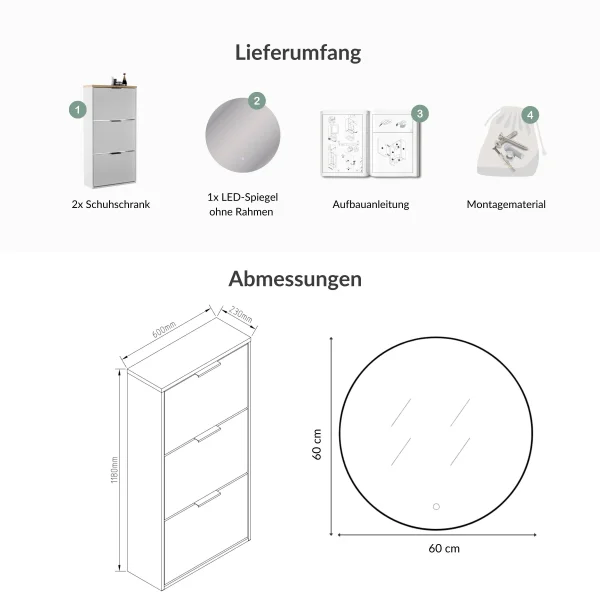 Meuble à chaussures STIVIO 2x 3 portes battantes blanc-gris 60 cm, miroir rond LED sans cadre 60 cm (2 intensités déclairage)