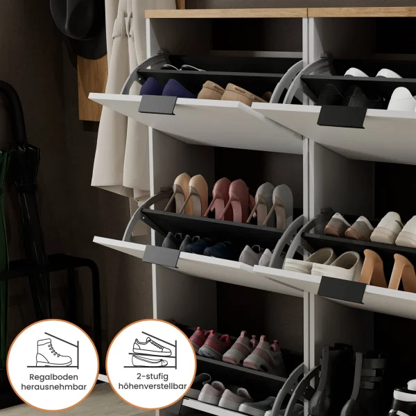 Meuble à chaussures STIVIO 2x 3 portes battantes blanc-gris 60 cm, miroir rond LED sans cadre 60 cm (2 intensités déclairage)
