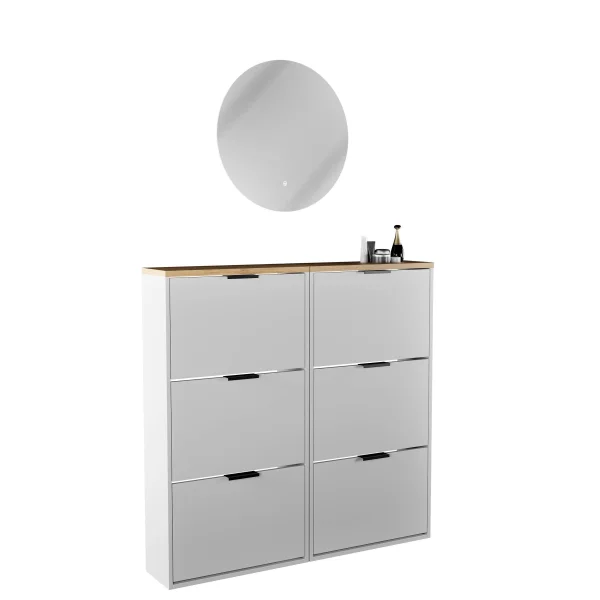 Meuble à chaussures STIVIO 2x 3 portes battantes blanc-gris 60 cm, miroir rond LED sans cadre 60 cm (2 intensités déclairage)