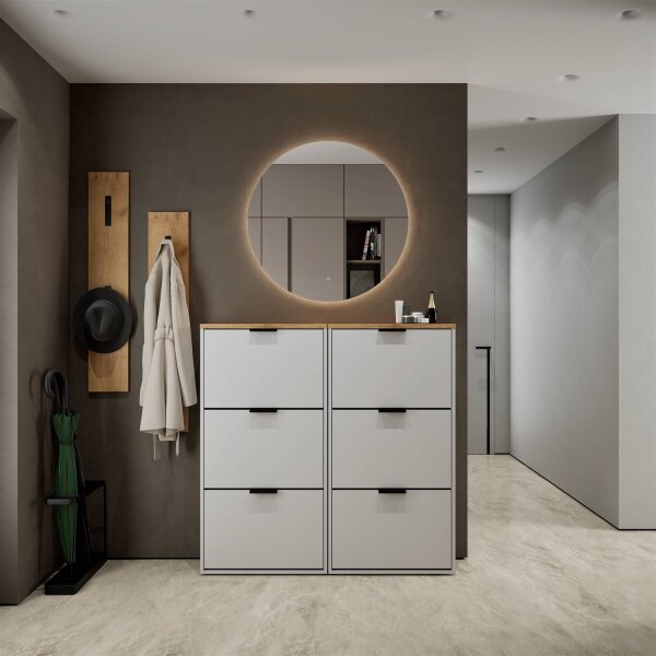Schuhschrank STIVIO 2x 3 Klappe Weiß Grau 60 cm, LED Spiegel rund ohne Rahmen 80 cm (2 Lichtstufen)