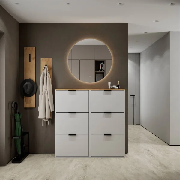 Scarpiera STIVIO 2x 3 ante a ribalta, bianco-grigio, 60 cm; specchio rotondo a LED senza cornice, 80 cm (2 livelli di illuminazione)