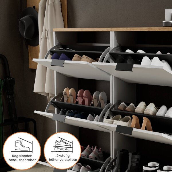 Schuhschrank STIVIO 2x 3 Klappe Weiß Grau 60 cm, LED Spiegel rund ohne Rahmen 80 cm (2 Lichtstufen)