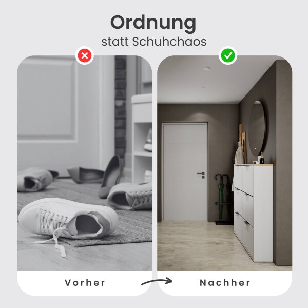 Schuhschrank STIVIO 2x 3 Klappe Weiß Grau 60 cm, LED Spiegel rund ohne Rahmen 80 cm (2 Lichtstufen)