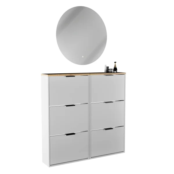 Scarpiera STIVIO 2x 3 ante a ribalta, bianco-grigio, 60 cm; specchio rotondo a LED senza cornice, 80 cm (2 livelli di illuminazione)