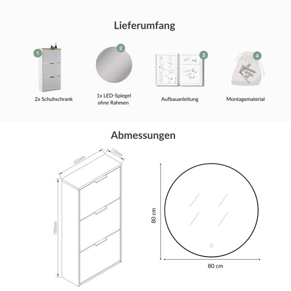 Schuhschrank STIVIO 2x 3 Klappe Weiß Grau 60 cm, LED Spiegel rund ohne Rahmen 80 cm (2 Lichtstufen)
