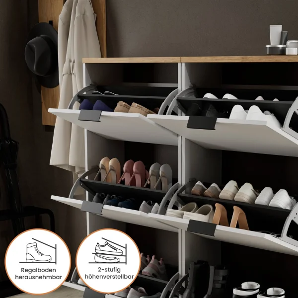 Scapolo per scarpe STIVIO 2x 3 ante a ribalta, bianco e grigio, 60 cm; specchio rotondo a LED con cornice, 100 cm (3 livelli di illuminazione)