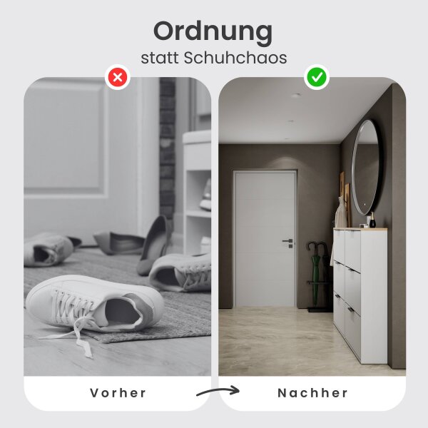 Schuhschrank STIVIO 2x 3 Klappe Weiß Grau 60 cm, LED Spiegel rund mit Rahmen 100 cm (3 Lichtstufen)