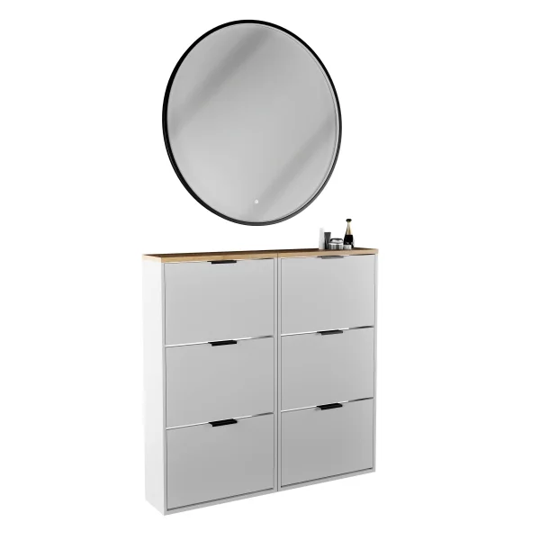 Scapolo per scarpe STIVIO 2x 3 ante a ribalta, bianco e grigio, 60 cm; specchio rotondo a LED con cornice, 100 cm (3 livelli di illuminazione)