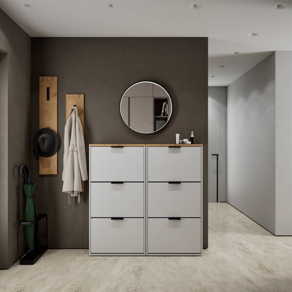 Schuhschrank STIVIO 2x 3 Klappe Weiß Grau 60 cm, LED Spiegel rund mit Rahmen 60 cm (3 Lichtstufen)