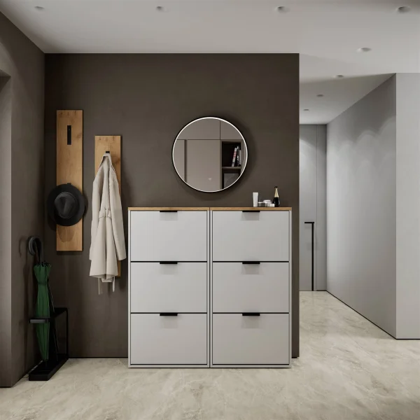 Meuble à chaussures STIVIO 2x 3 portes battantes blanc-gris 60 cm, miroir rond à LED avec cadre 60 cm (3 intensités déclairage)
