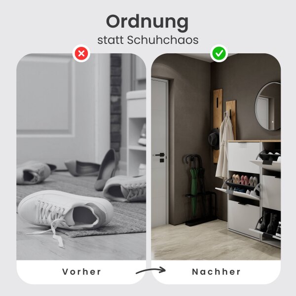 Schuhschrank STIVIO 2x 3 Klappe Weiß Grau 60 cm, LED Spiegel rund mit Rahmen 60 cm (3 Lichtstufen)