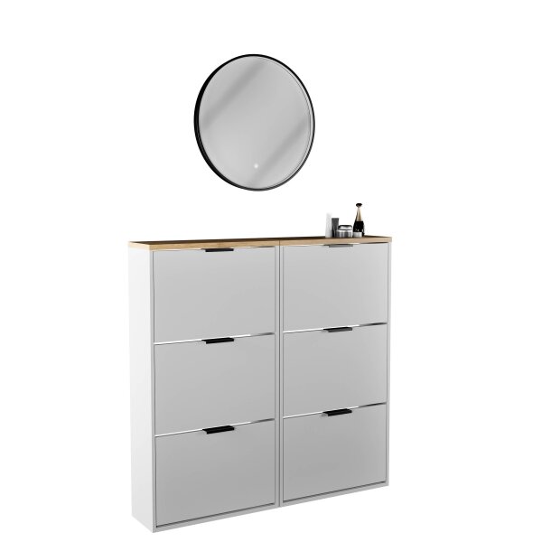 Schuhschrank STIVIO 2x 3 Klappe Weiß Grau 60 cm, LED Spiegel rund mit Rahmen 60 cm (3 Lichtstufen)