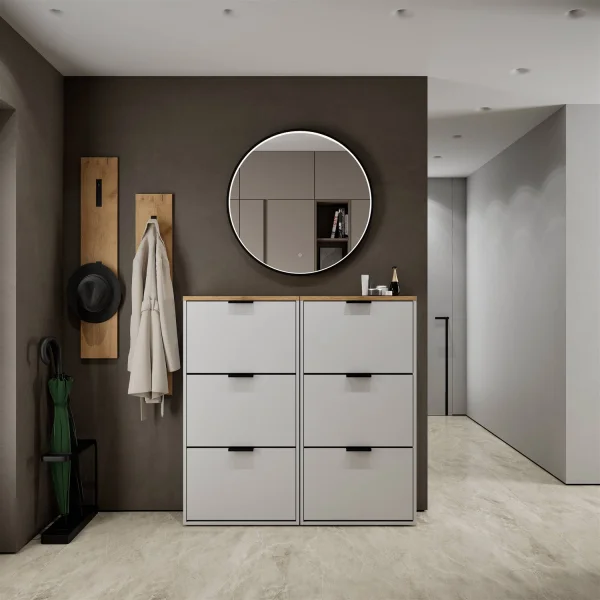 Meuble à chaussures STIVIO 2x 3 portes battantes blanc-gris 60 cm, miroir rond à LED avec cadre 80 cm (3 intensités déclairage)