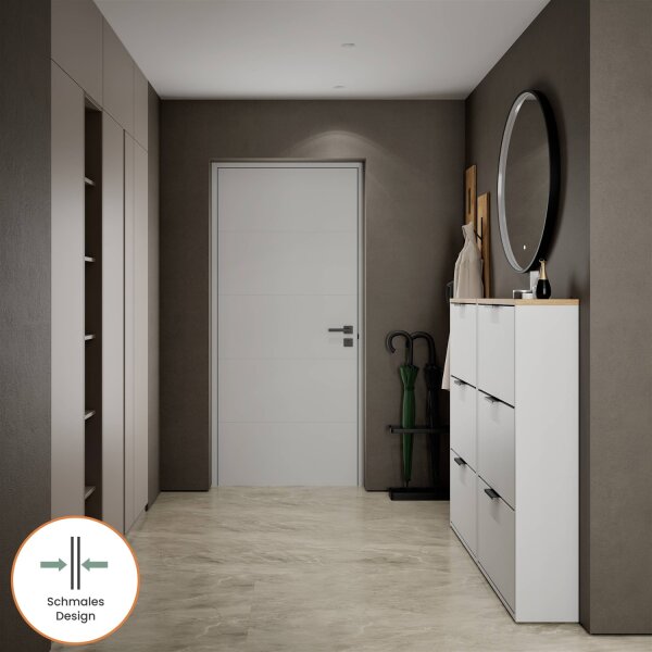 Schuhschrank STIVIO 2x 3 Klappe Weiß Grau 60 cm, LED Spiegel rund mit Rahmen 80 cm (3 Lichtstufen)