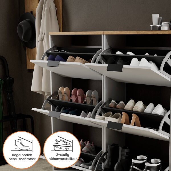 Schuhschrank STIVIO 2x 3 Klappe Weiß Grau 60 cm, LED Spiegel rund mit Rahmen 80 cm (3 Lichtstufen)