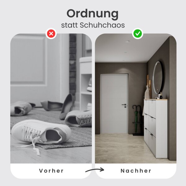 Schuhschrank STIVIO 2x 3 Klappe Weiß Grau 60 cm, LED Spiegel rund mit Rahmen 80 cm (3 Lichtstufen)