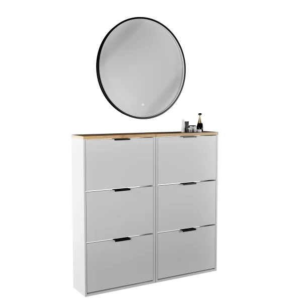 Meuble à chaussures STIVIO 2x 3 portes battantes blanc-gris 60 cm, miroir rond à LED avec cadre 80 cm (3 intensités déclairage)