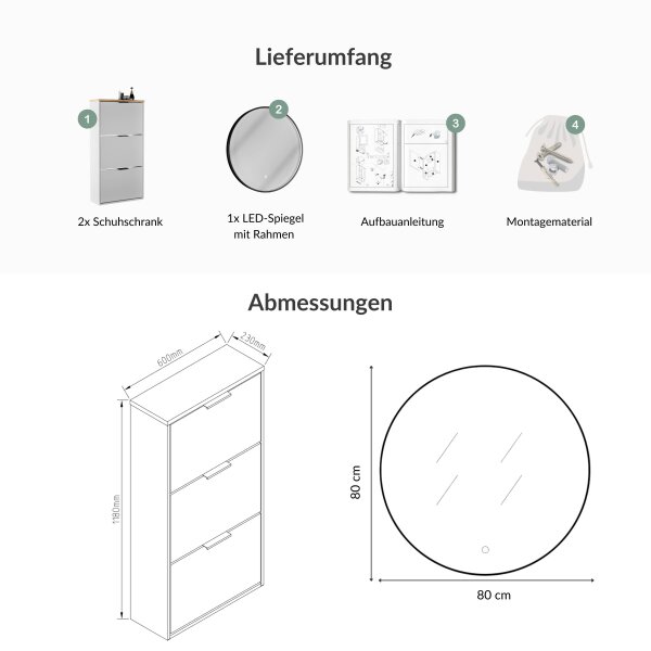 Schuhschrank STIVIO 2x 3 Klappe Weiß Grau 60 cm, LED Spiegel rund mit Rahmen 80 cm (3 Lichtstufen)
