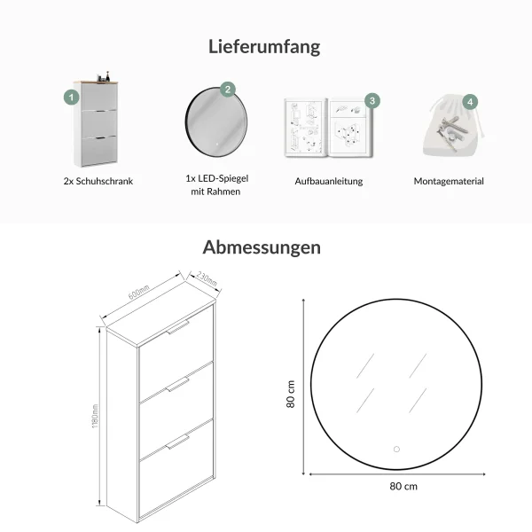 Meuble à chaussures STIVIO 2x 3 portes battantes blanc-gris 60 cm, miroir rond à LED avec cadre 80 cm (3 intensités déclairage)