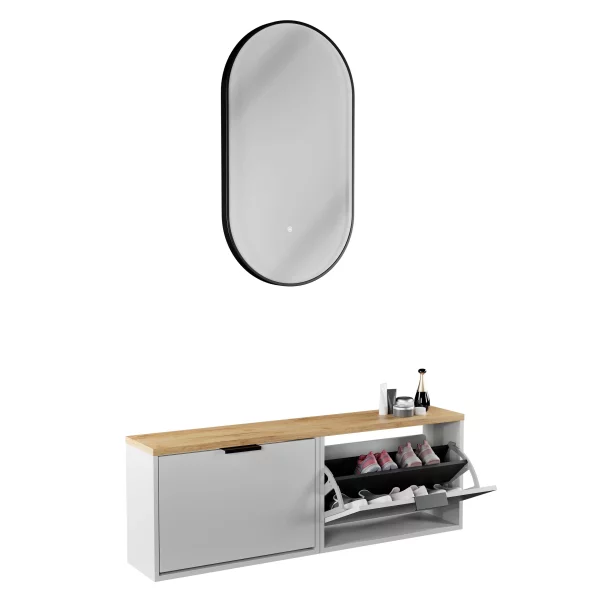 Flur Möbel 2x Schuhschrank inkl. LED Spiegel oval