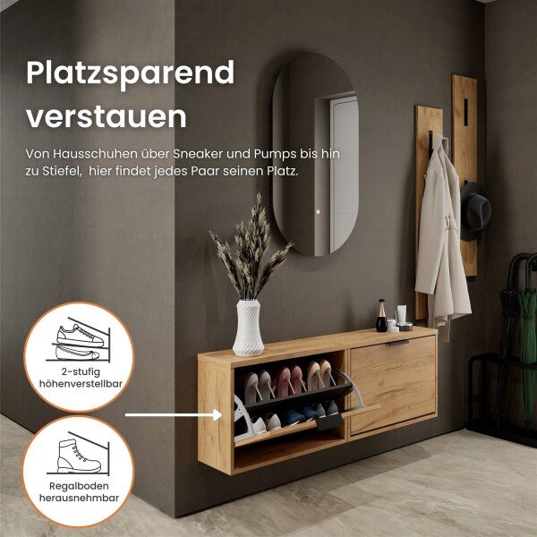 Schuhschrank STIVIO 2x 1 Klappe Gold Eiche 60 cm, LED Spiegel oval ohne Rahmen (2 Lichtstufen)