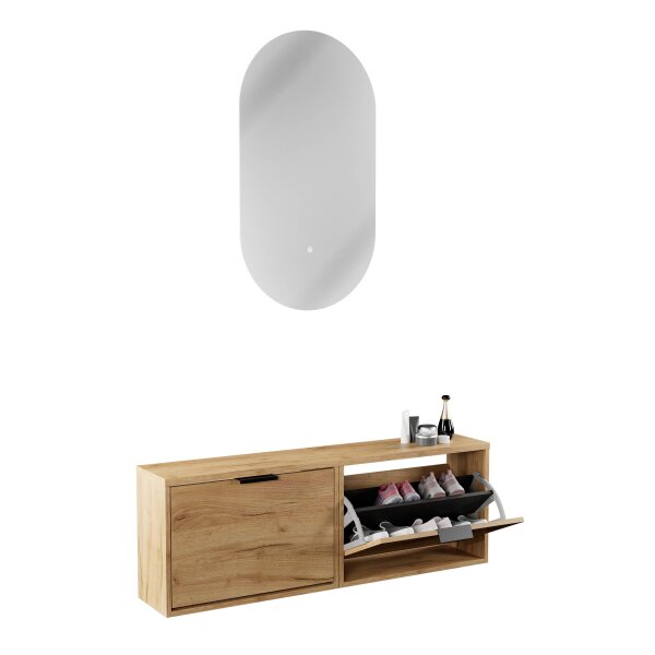 Schuhschrank STIVIO 2x 1 Klappe Gold Eiche 60 cm, LED Spiegel oval ohne Rahmen (2 Lichtstufen)