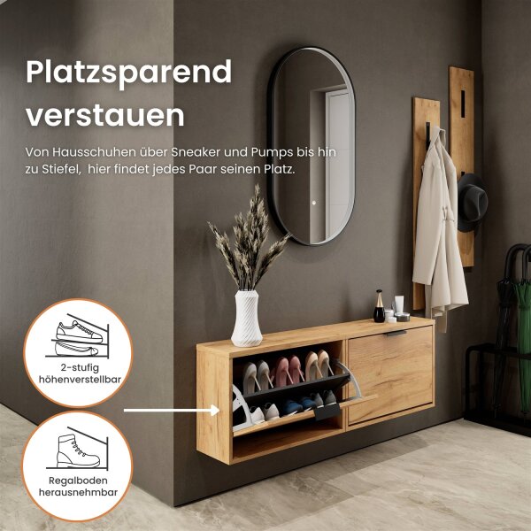 Schuhrank STIVIO 2x 1 Klappe Gold Eiche 60 cm, LED Spiegel oval mit Rahmen (3 Lichtstufen)