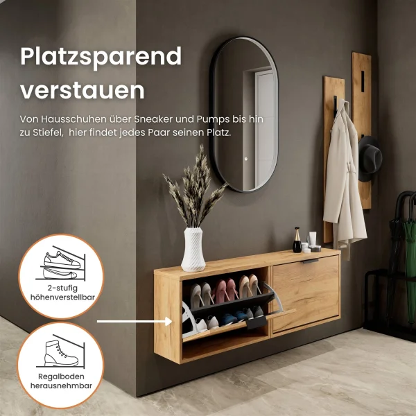 Shoe Cabinet STIVIO 2x 1 Flap Golden Oak 60 cm, Oval LED Mirror with Frame (3 Light Levels)