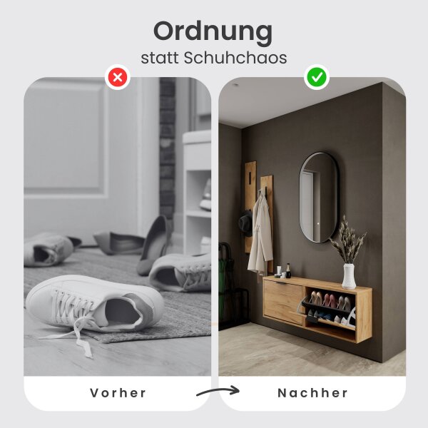 Schuhschrank STIVIO 2x 1 Klappe Gold Eiche 60 cm, LED Spiegel oval mit Rahmen (3 Lichtstufen)