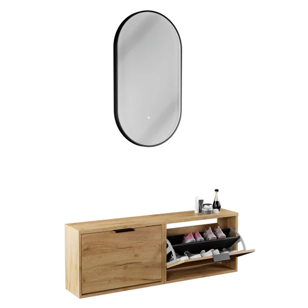 Shoe Cabinet STIVIO 2x 1 Flap Golden Oak 60 cm, Oval LED Mirror with Frame (3 Light Levels)