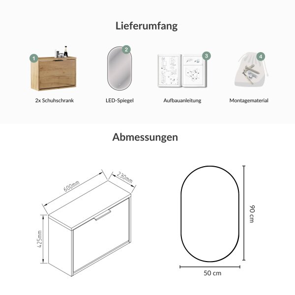 Schuhschrank STIVIO 2x 1 Klappe Gold Eiche 60 cm, LED Spiegel oval mit Rahmen (3 Lichtstufen)